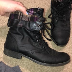 black and plaid lace up combat boots